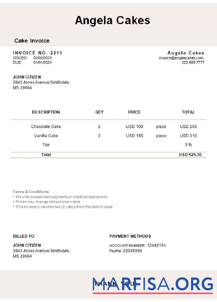 Realistic USA Angela Cakes invoice template